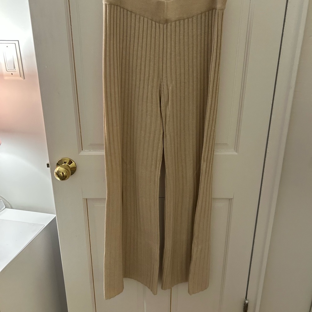Ba&sh Ribbed Knit Wide-Leg Pants in Beige